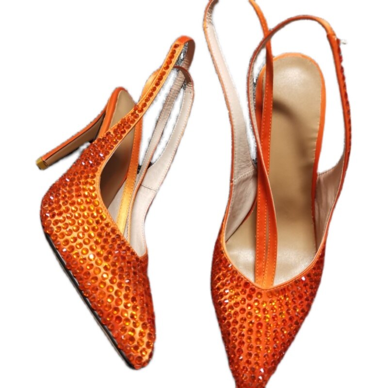 Orange Rhinestone High Heel Pumps Shinny