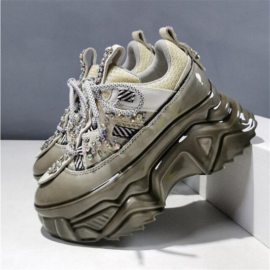 Women Sneakers Lace-Up Rhinestone Flat