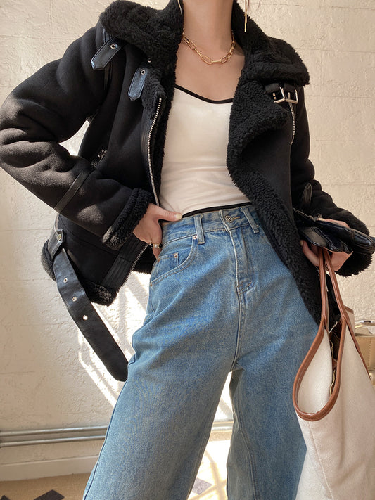 Women's Jacket Coat Vintage Fur Zipper Tops Chic