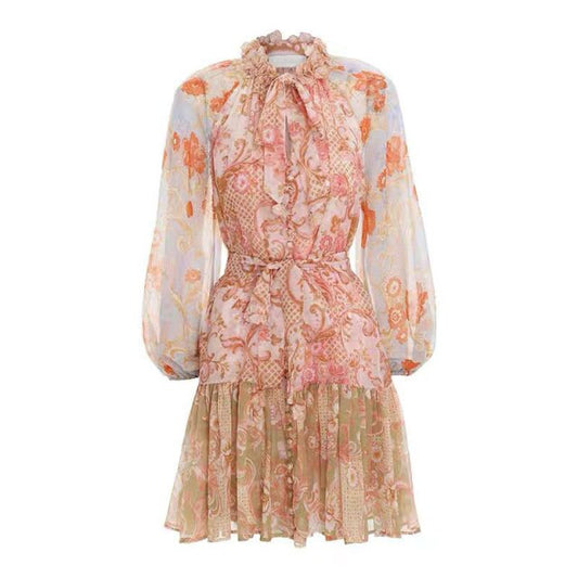 レディース シルク コットン ペルリス プリント 3D フラワー ミニドレス