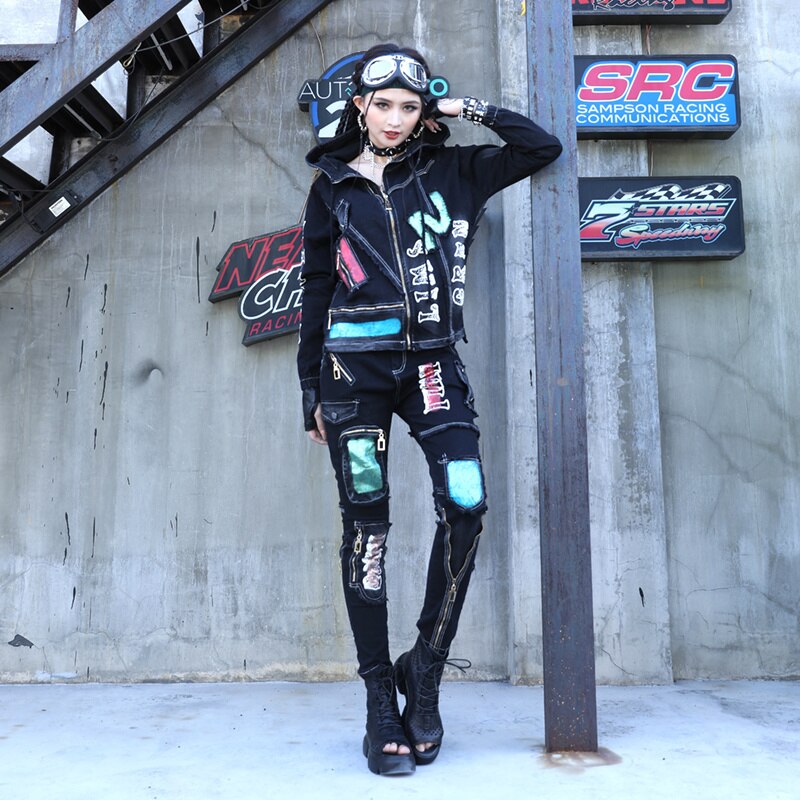 Print Contrast Color Hooded Denim Jacket Jeans