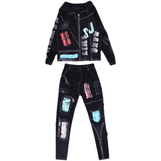 Print Contrast Color Hooded Denim Jacket Jeans