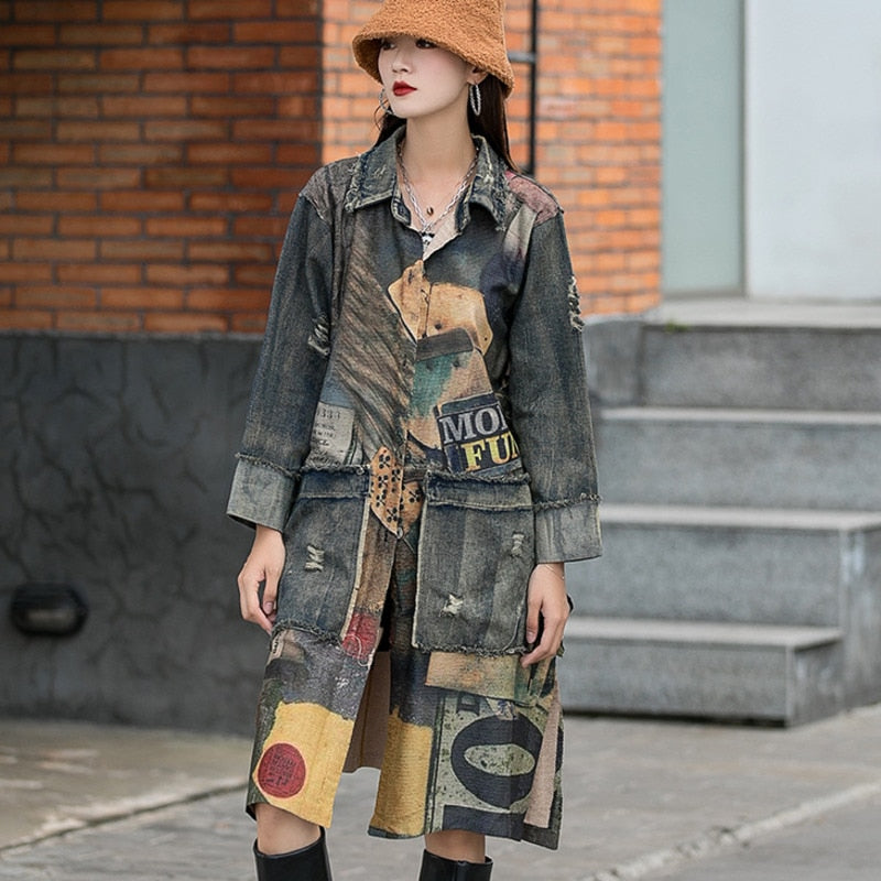 Women Printed Cardigan Loose Denim Jacket