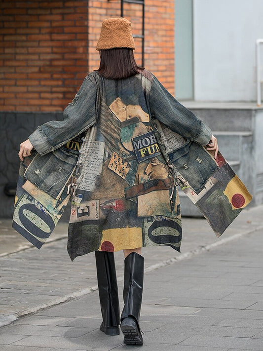 Women Printed Cardigan Loose Denim Jacket