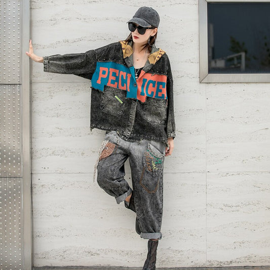 Vintage Patchwork Women Denim Trousers