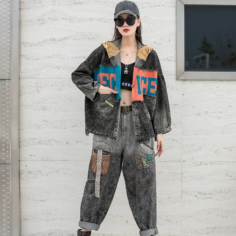 Vintage Patchwork Women Denim Trousers