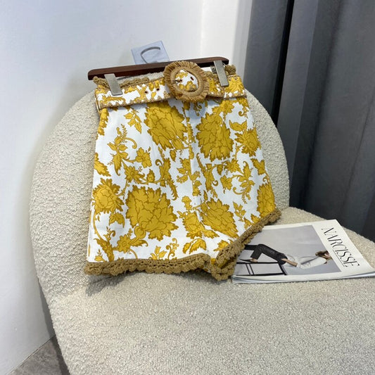 2022 Spring Floral Print Ruffles Blouses and Linen Shorts