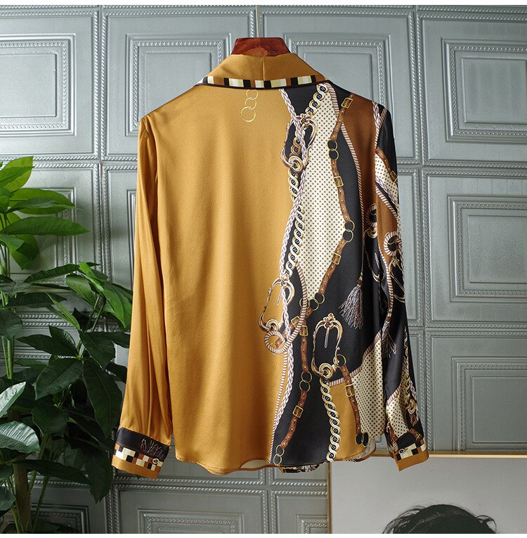 女性用エレガントレトロプリントシルクシャツトップス