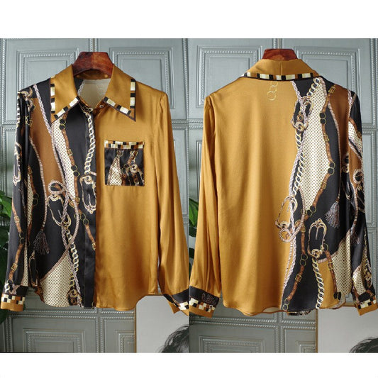 女性用エレガントレトロプリントシルクシャツトップス