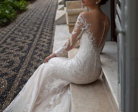 レース ロングスリーブ マーメイド ウェディングドレス シースルーネックライン