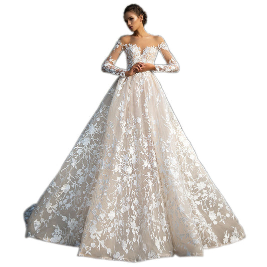 Lace Wedding Dress Sweetheart Neck Long Sleeves Appliques