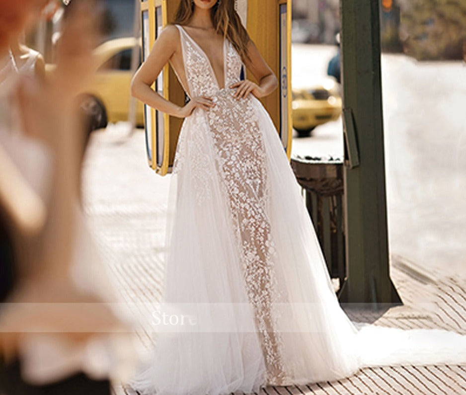 高級ウェディングドレス シルキーオーガンザアップリケ Vネック バックレス