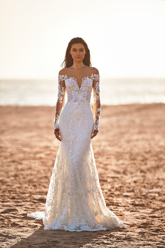 New Mermaid Wedding Dress with Long Sleeve Appliqued Lace