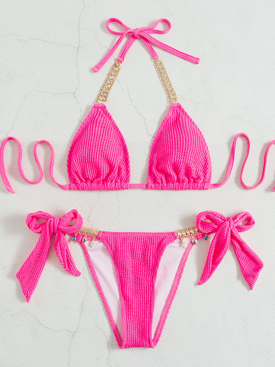 New Ribbed Halter Pearl Extreme Mini Bikini Two-pieces