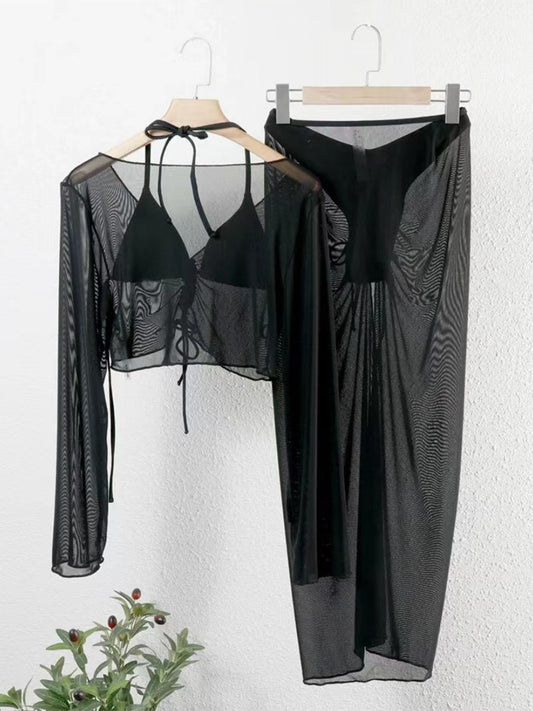 Black Sexy Mesh 4 pieces set Sexy Swimsuit Ruffle