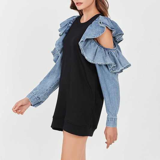 セクシーなオフショルダーフリルスリーブミニドレスレディース