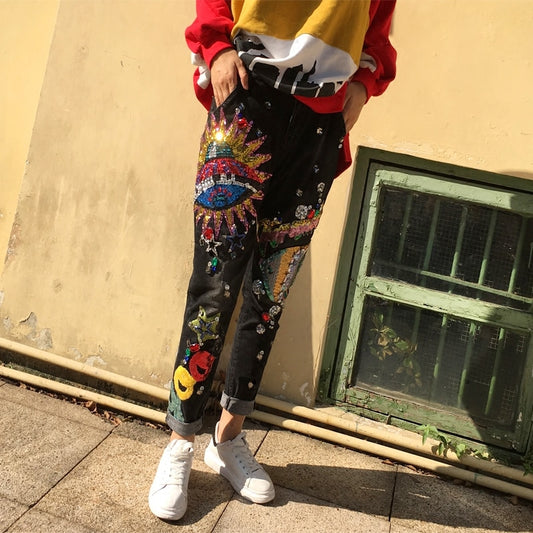 Sequined Skinny Bottoms Jeans For Girls Trousers