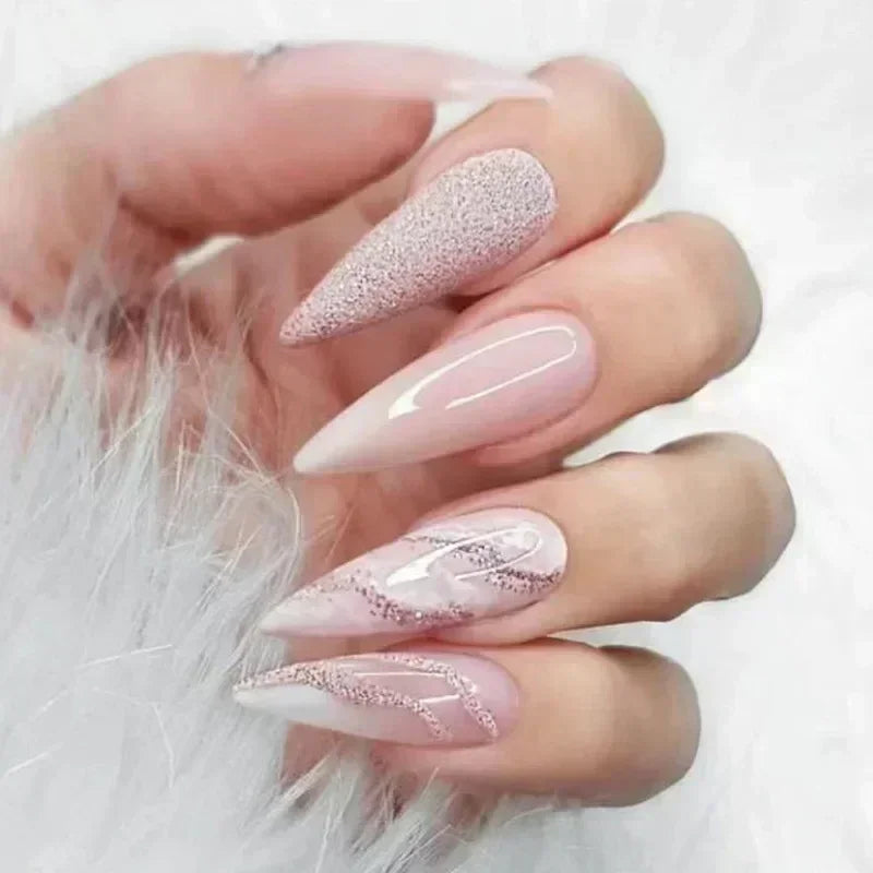 24Pcs Pink Butterfly Stiletto False Nails with Rhinestones