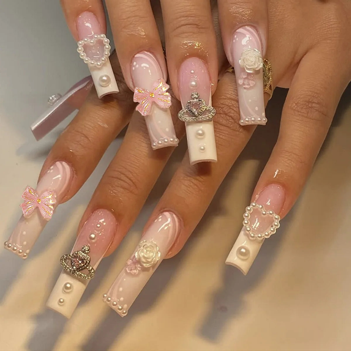 Glittering Long Nails with Rhinestones French Nail Art