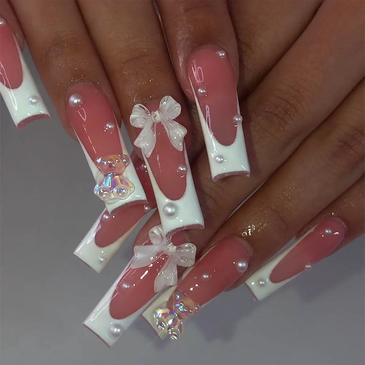 Glittering Long Nails with Rhinestones French Nail Art