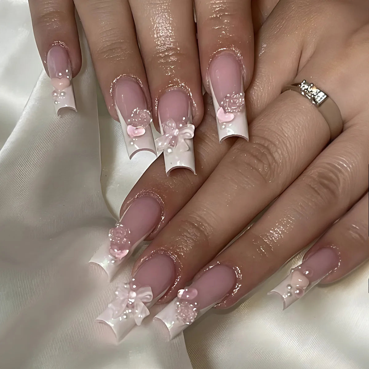 Glittering Long Nails with Rhinestones French Nail Art