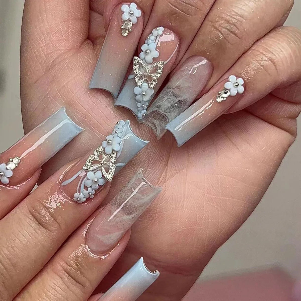 Glittering Long Nails with Rhinestones French Nail Art