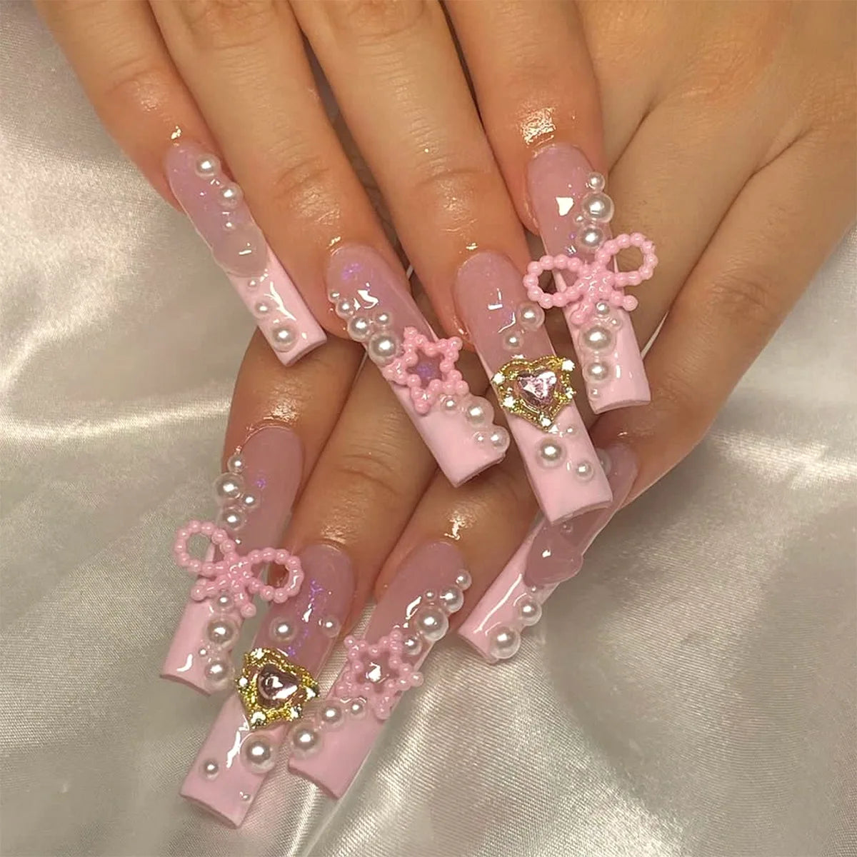 Glittering Long Nails with Rhinestones French Nail Art