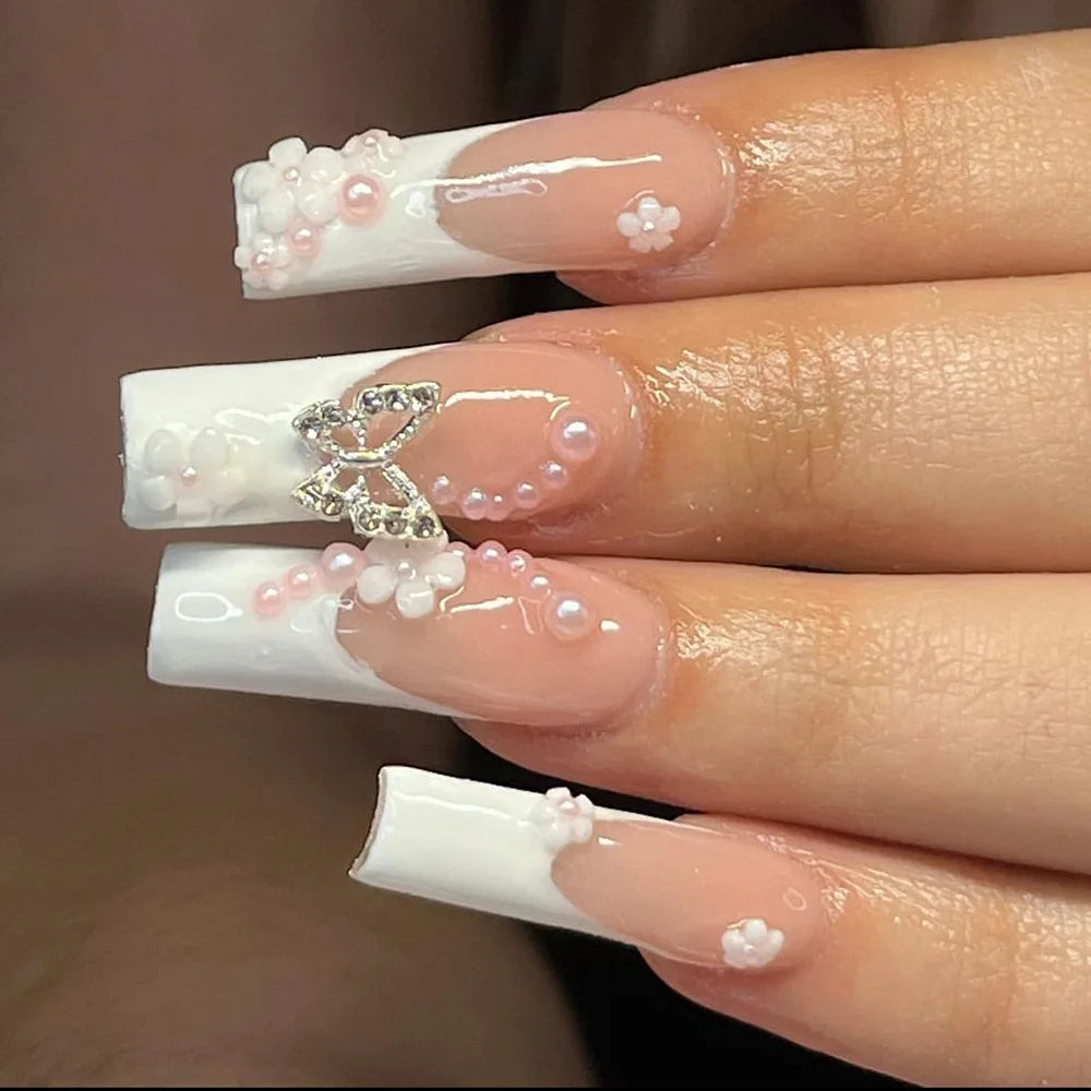 Glittering Long Nails with Rhinestones French Nail Art