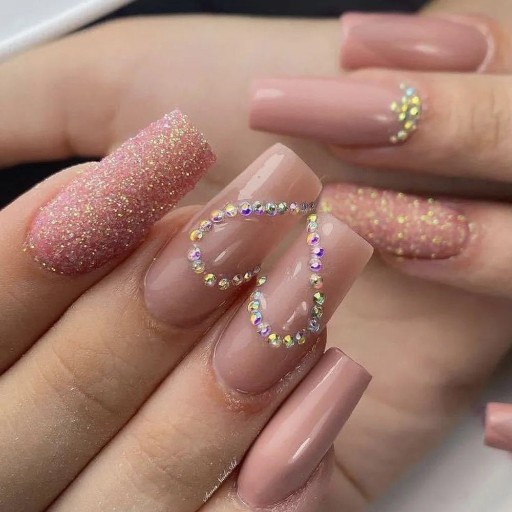 Glittering Long Nails with Rhinestones French Nail Art