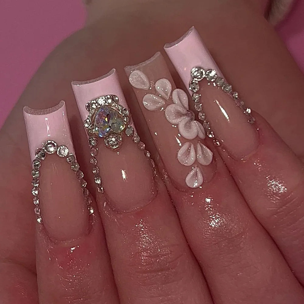 Glittering Long Nails with Rhinestones French Nail Art