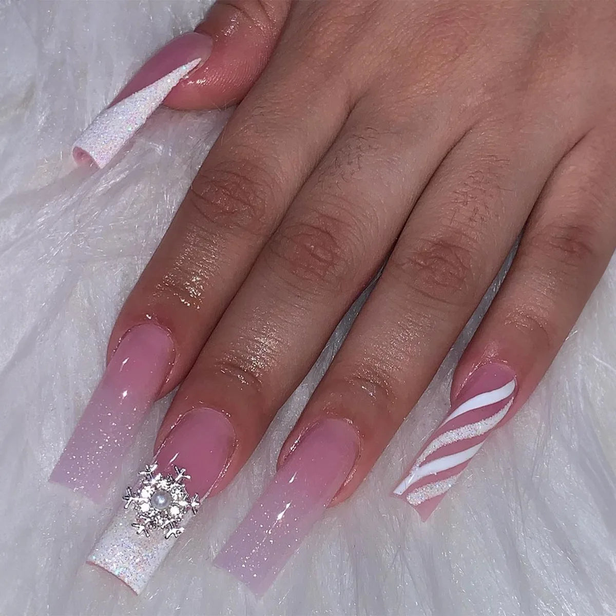 Glittering Long Nails with Rhinestones French Nail Art