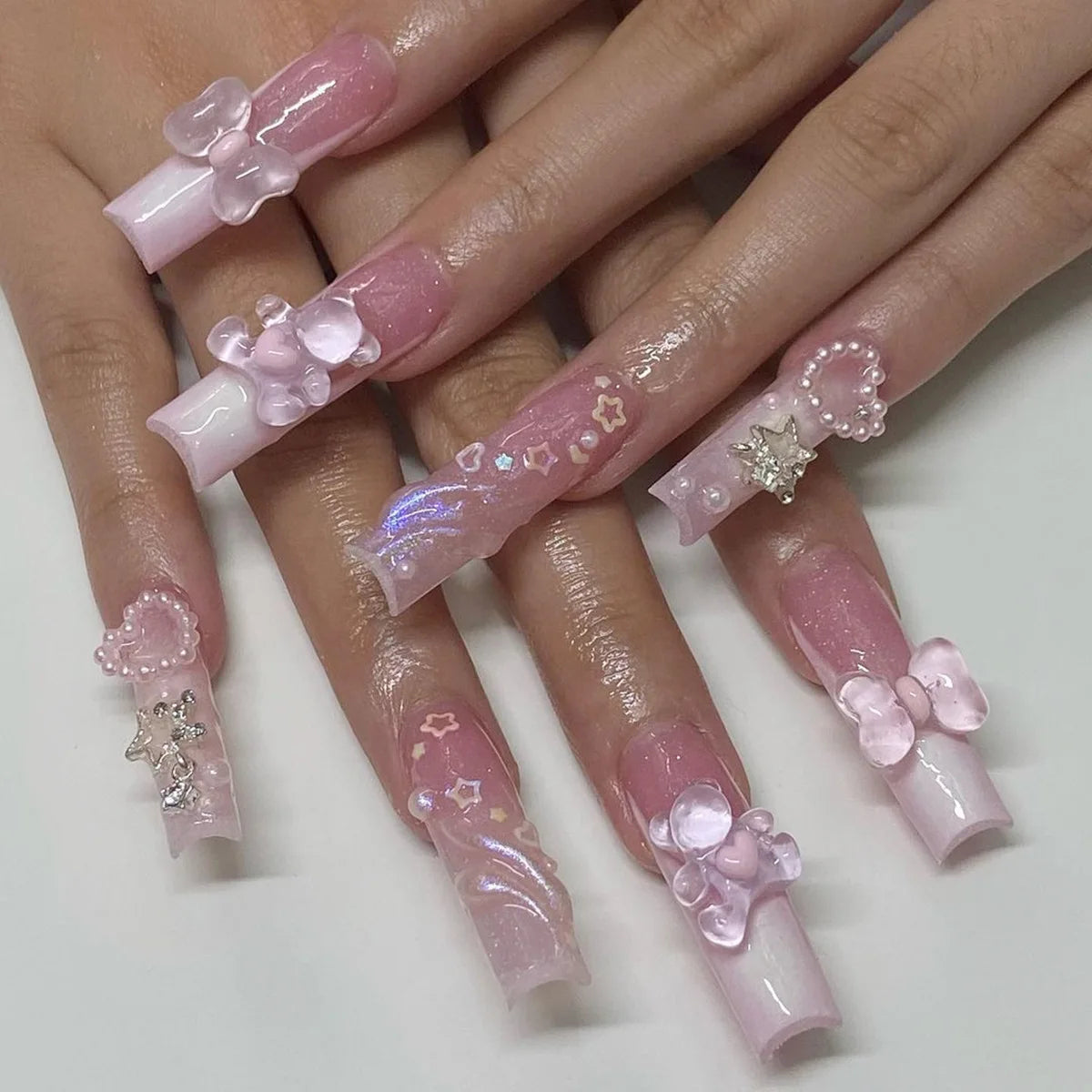 Glittering Long Nails with Rhinestones French Nail Art