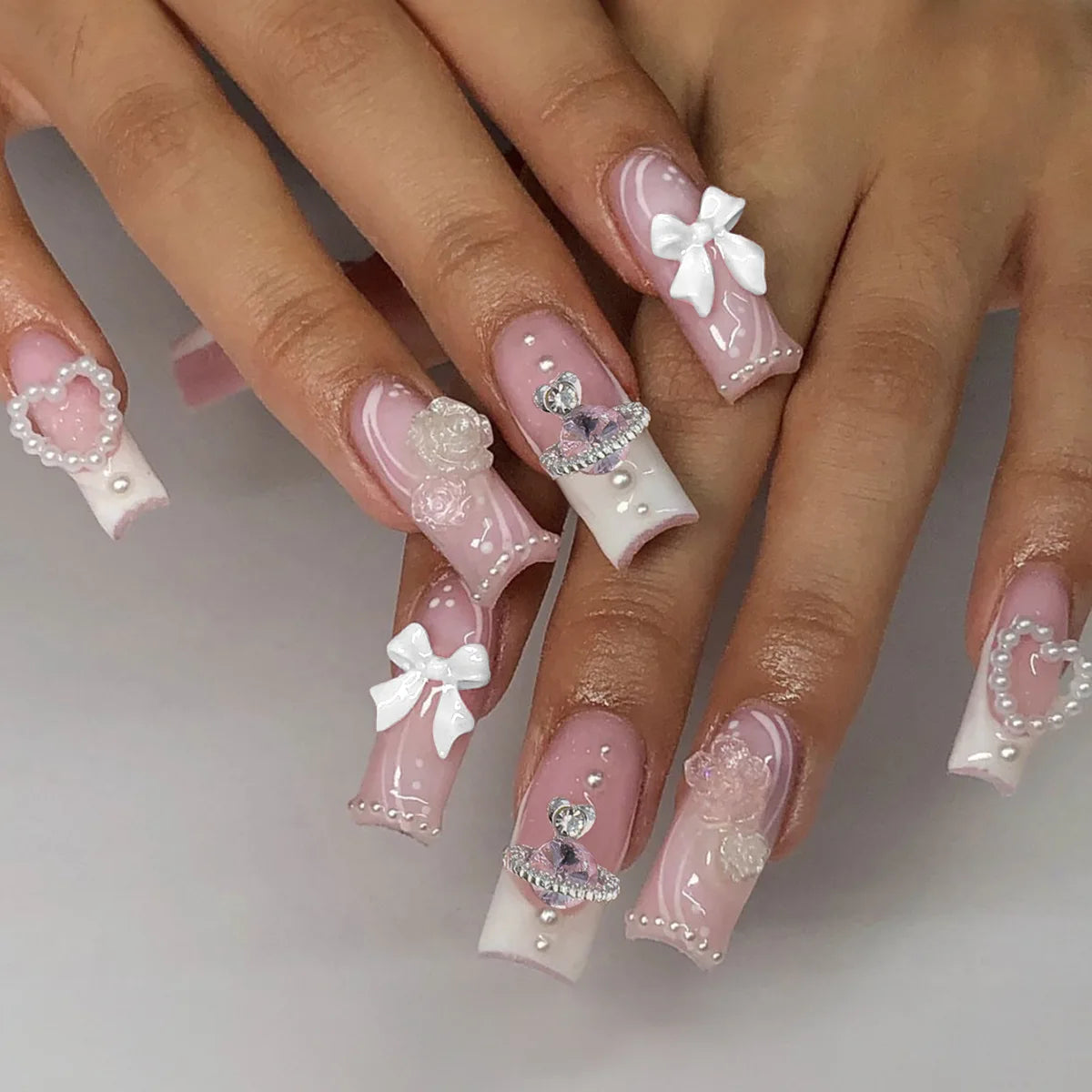 Glittering Long Nails with Rhinestones French Nail Art