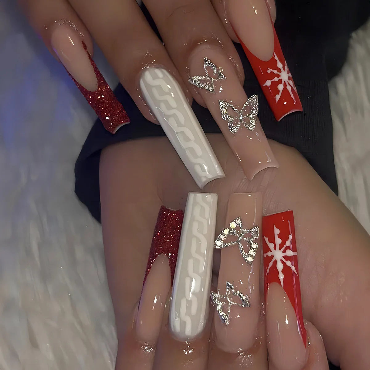 Glittering Long Nails with Rhinestones French Nail Art