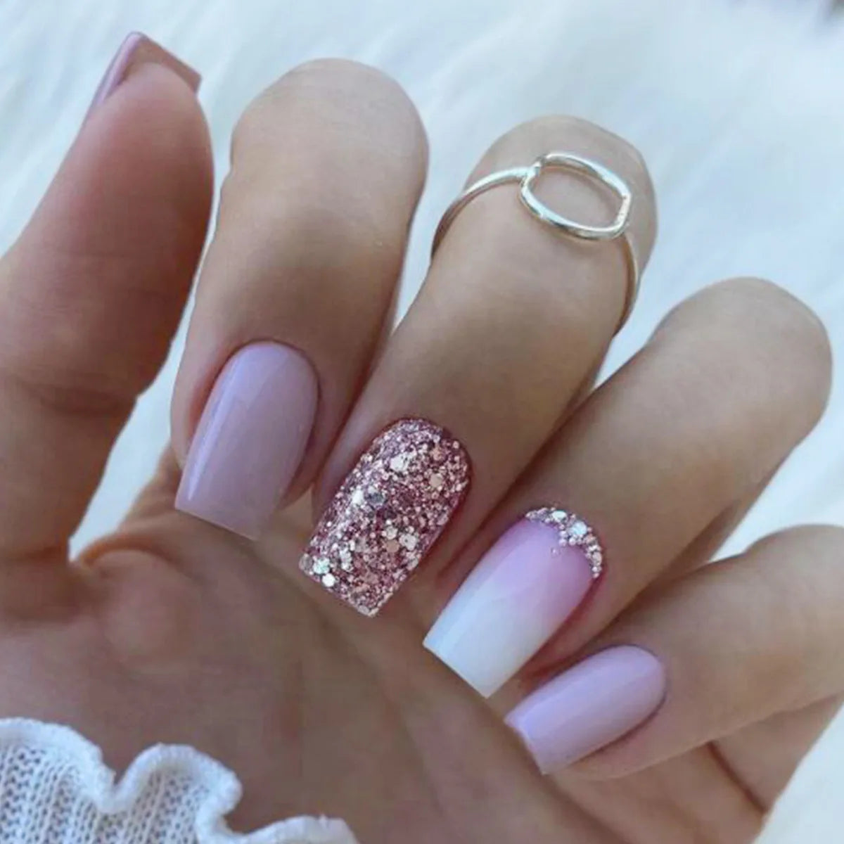 Glittering Long Nails with Rhinestones French Nail Art