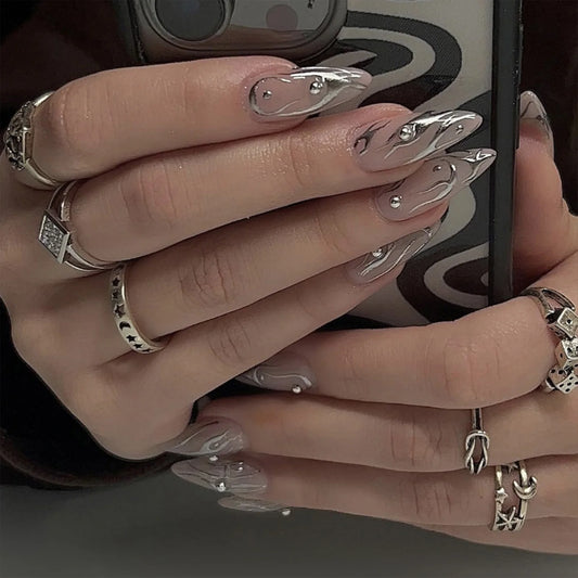 24pcs Sliver Cool Fake Nails Goth Style 3D False Nail