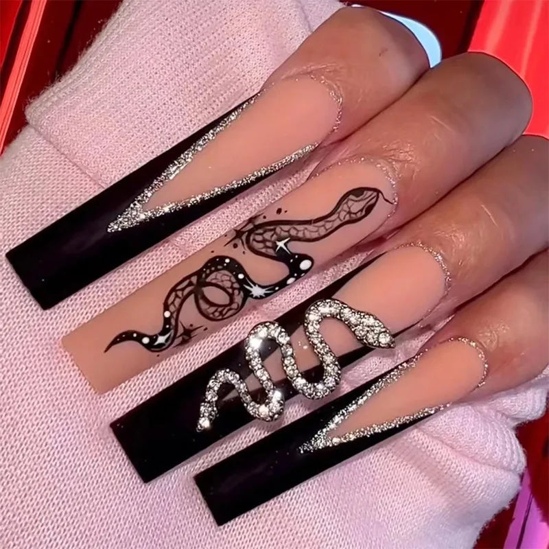 Black & Silver Snake Jewelry Press-On Nails with Rhinestones