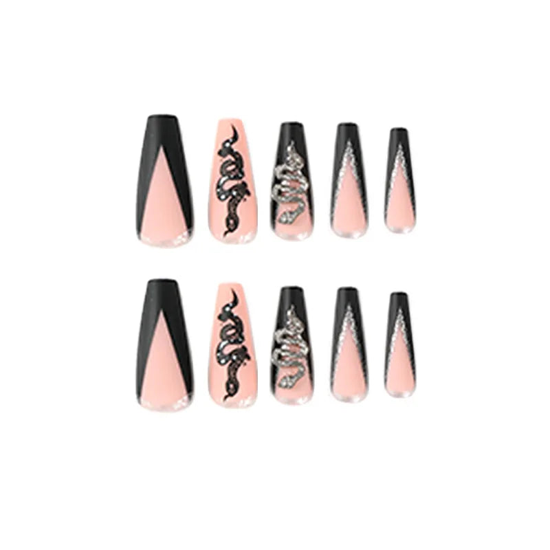 Black & Silver Snake Jewelry Press-On Nails with Rhinestones