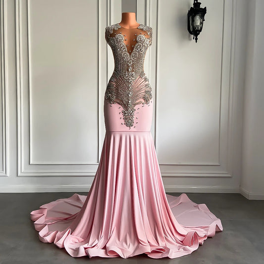 Long Pink Mermaid Prom Dress with Sparkly Silver Diamond