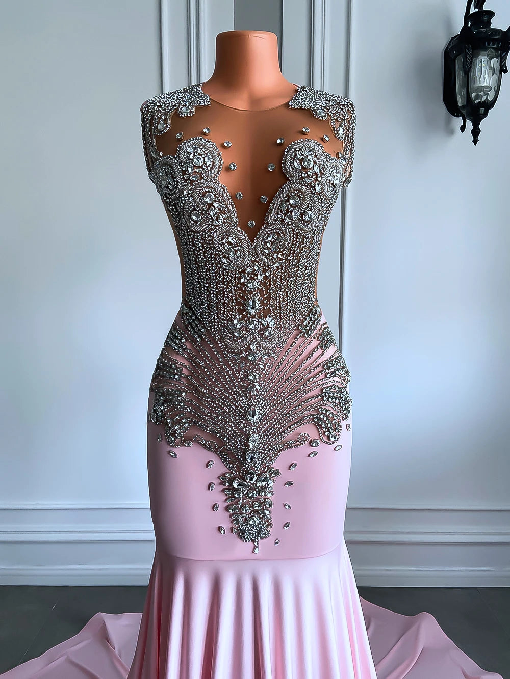 Long Pink Mermaid Prom Dress with Sparkly Silver Diamond