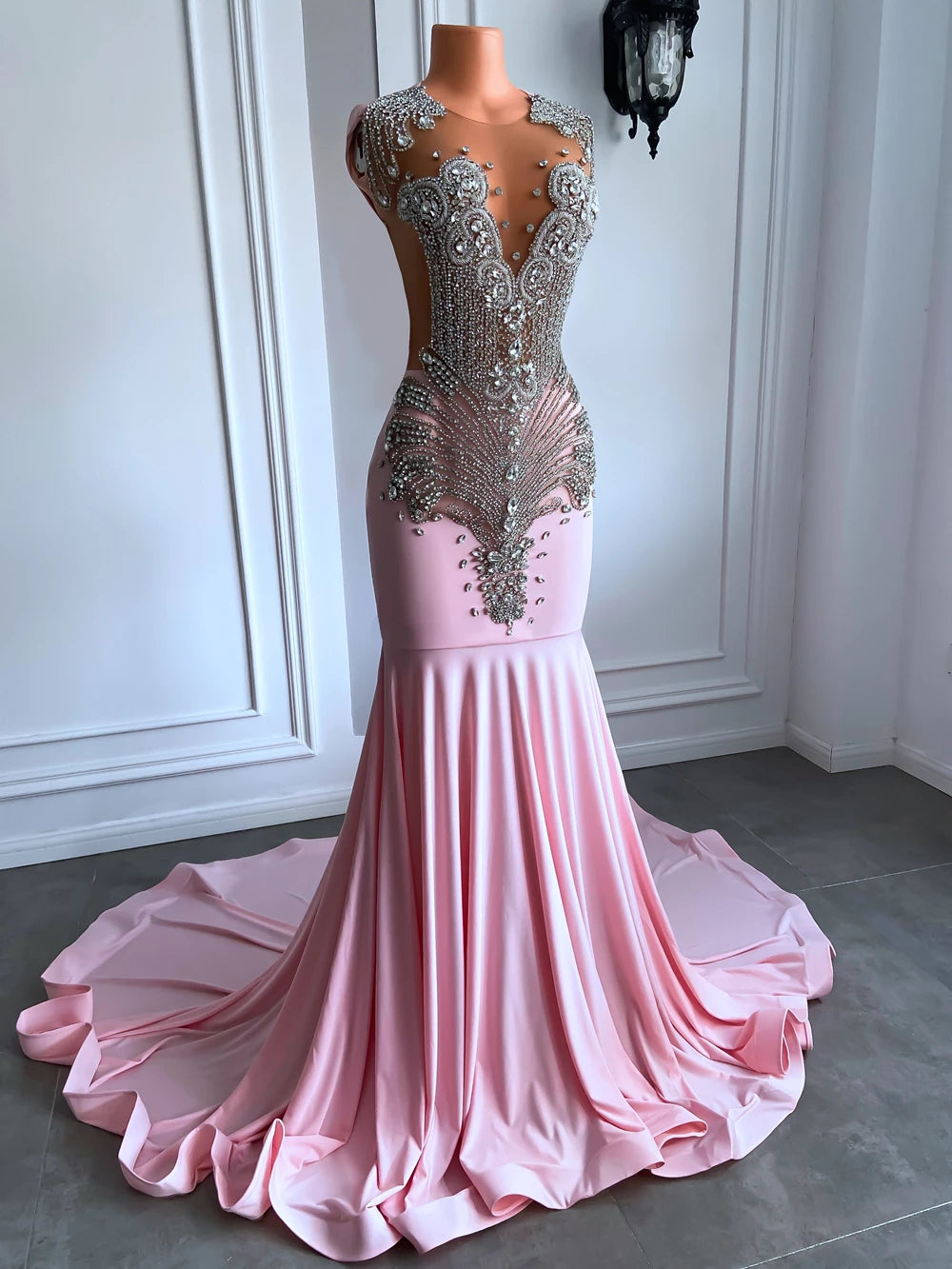 Long Pink Mermaid Prom Dress with Sparkly Silver Diamond