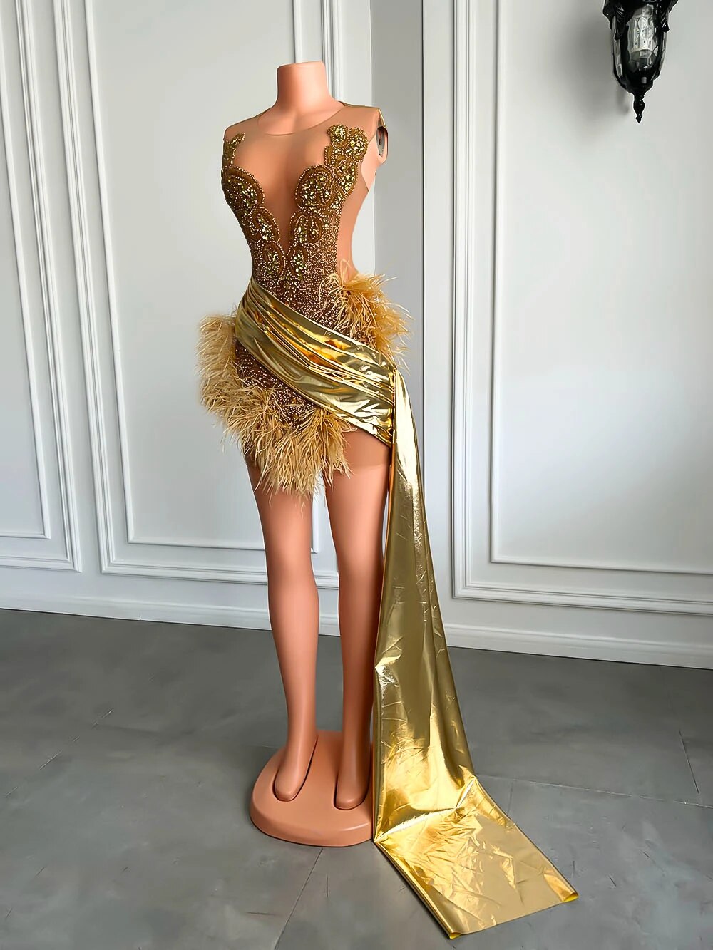 Luxury Gold Diamond Mini Prom Dress