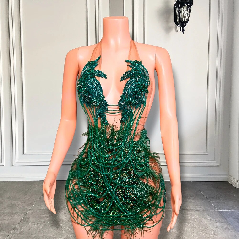 Luxury Dark Green Diamond Short Prom Dress