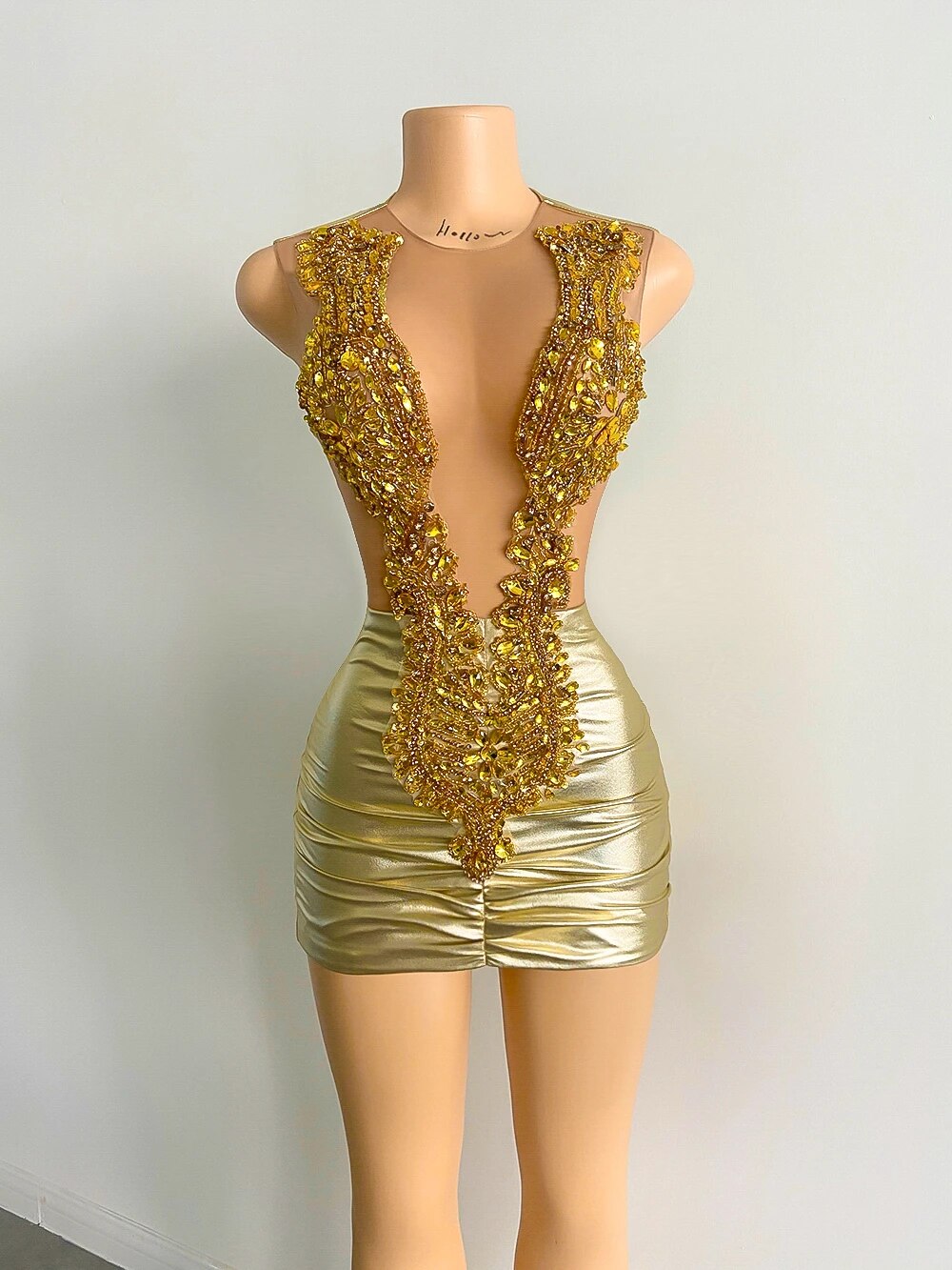 Sheer Beaded Black and Gold Mini Prom Dress