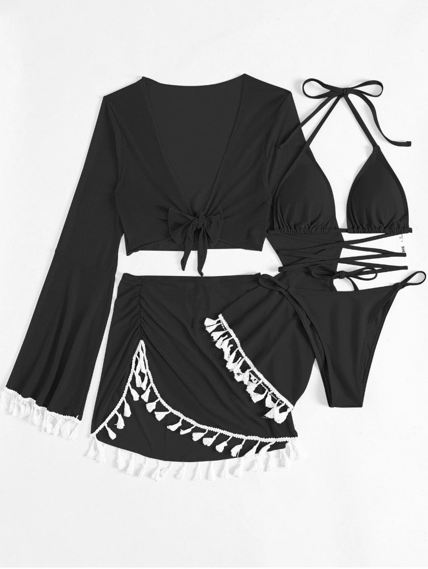 4-piece bikini fringed cover-up and mesh skirt