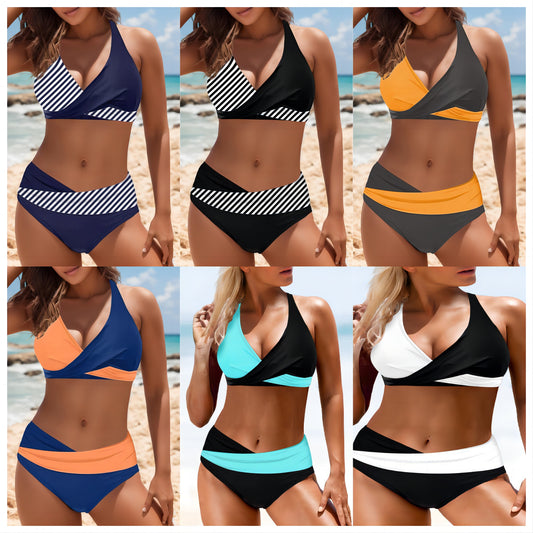 Patchwork Halter Bikini Set - Bold & Alluring Swimwear