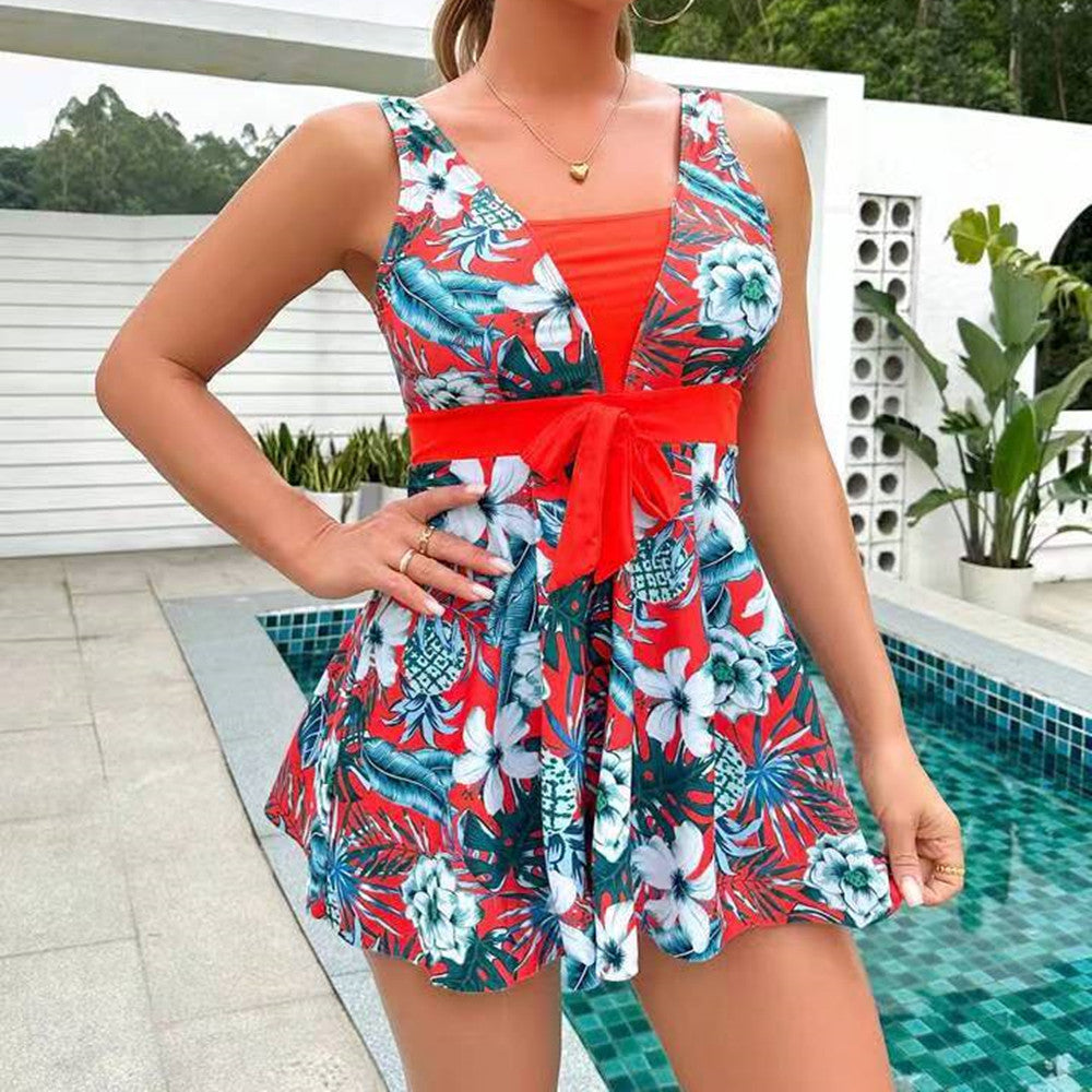 Floral V-Neck Skirtini Bikini Set - Sexy Split Swimwear