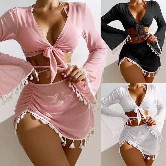 4-piece bikini fringed cover-up and mesh skirt