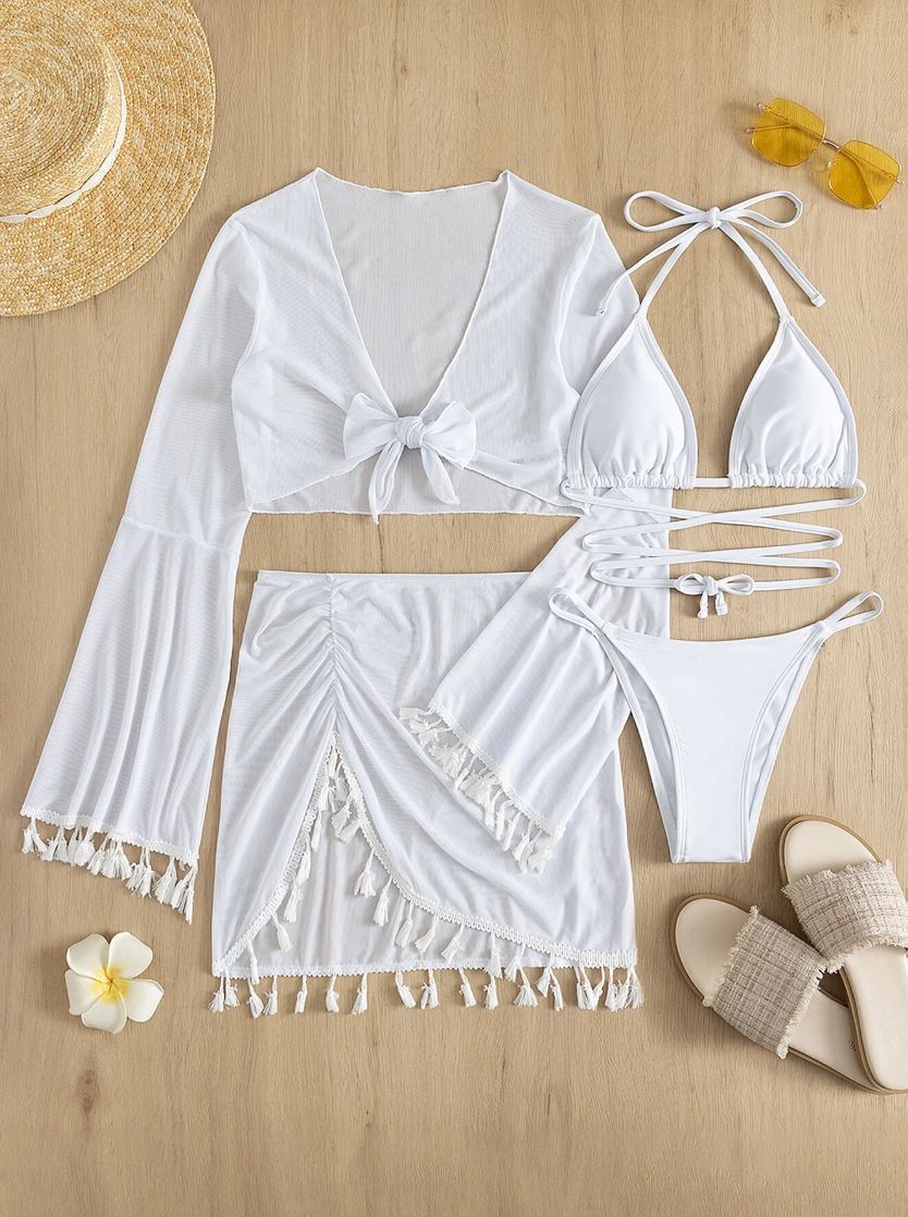 4-piece bikini fringed cover-up and mesh skirt