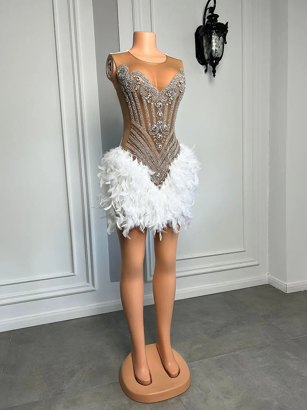 Luxury Feather and Silver Diamond Short Prom Dress